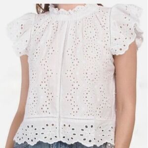 Jennifer + Grace Womens XL White Cotton Eyelet Lace Ruffle Neck Button Back Top
